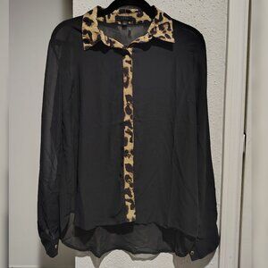EDGE Black Sheer Button-Up Blouse w/ Leopard Print Collar